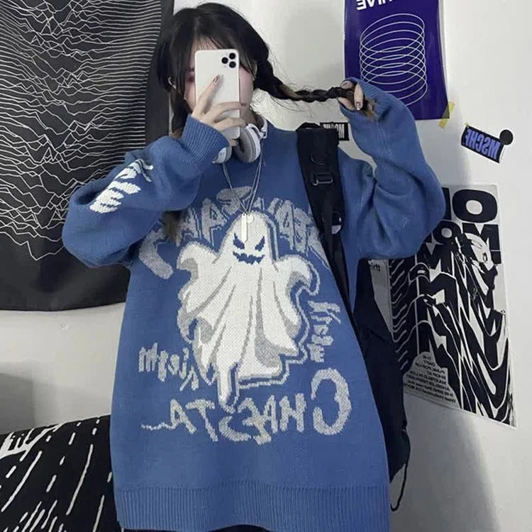 Retro Ghost Letter Print Casual Sweater - Long Sleeve