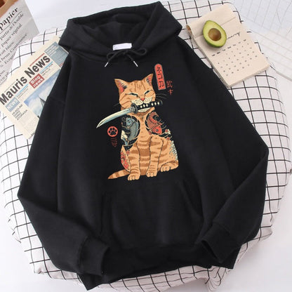 Samurai Katana Orange Cat Koi Tattoo Sweatshirt Hoodie - Casual Style