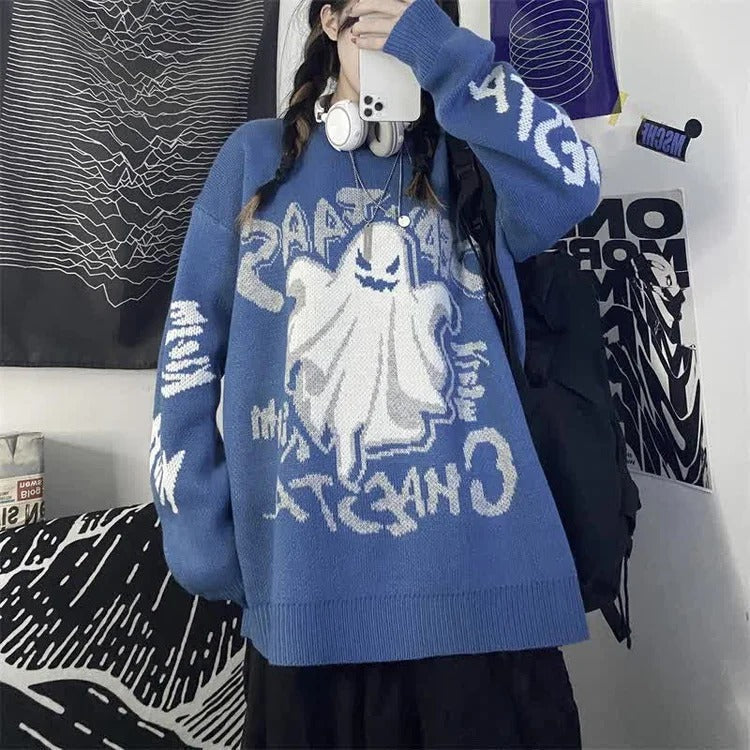 Retro Ghost Letter Print Casual Sweater - Long Sleeve