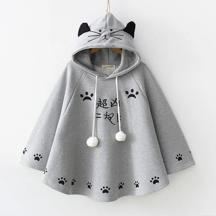 Cozy Elegance: Harajuku Cartoon Kitty Cat Paw Print Plush Hoodie - A Purr-fect Blend of Cute and Comfort! 🐾👚