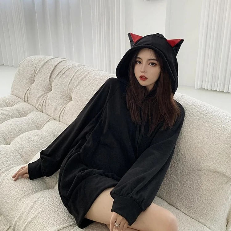 Cat Lover's Dream: Kawaii Gothic Sweatshirt with Cat Ear Hood