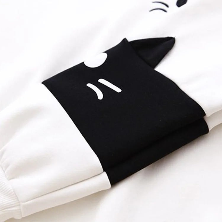 Adorable Kitty Magic: Harajuku Cartoon Face Letter Print Hoodie - Snuggle Up to Cute Comfort! 😺🌟