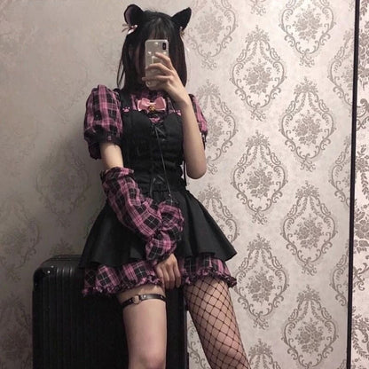 Harajuku Lolita Plaid Cat Paw Shirt Dress Set - Cute and Versatile for Any Occasion