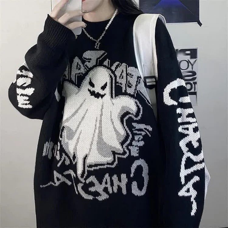 Retro Ghost Letter Print Casual Sweater - Long Sleeve