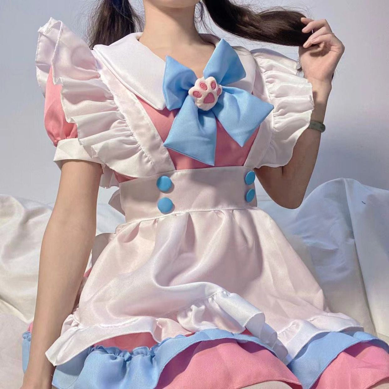 Kawaii Charm: Lolita Paw Bow Maid Dress in Pink and Blue"