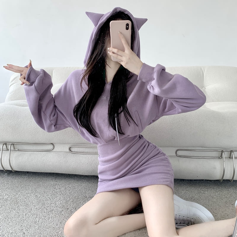 Cute Kitty Cat Ears Drawstring Sweatshirt Hooded Dress