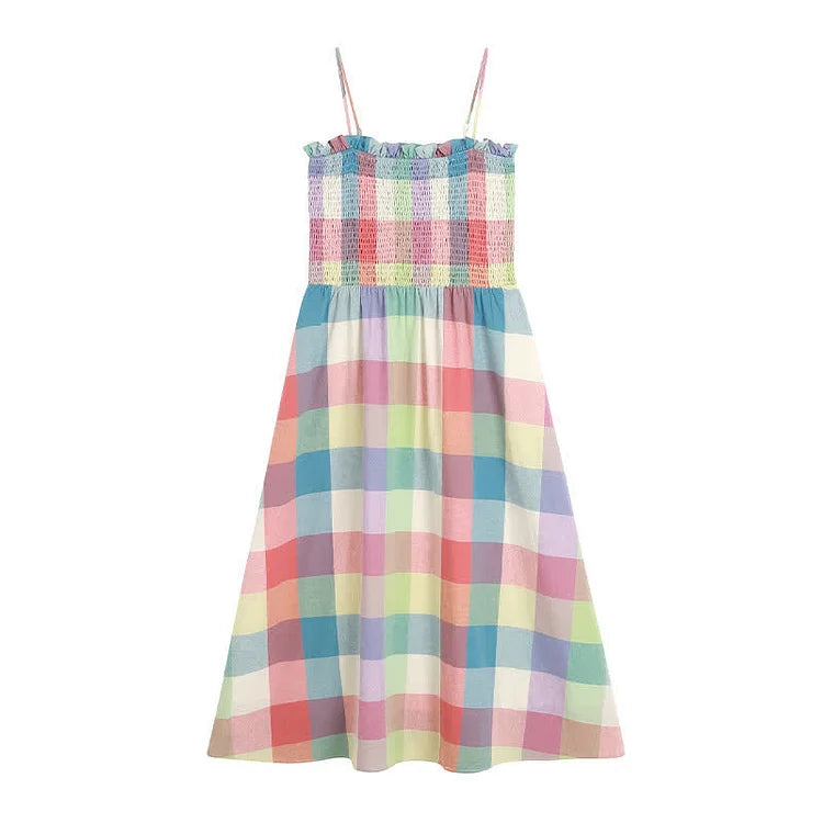 Rainbow Elegance: Chic Plaid Print Long Slip Dress