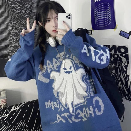 Retro Ghost Letter Print Casual Sweater - Long Sleeve