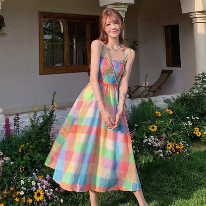 Rainbow Elegance: Chic Plaid Print Long Slip Dress