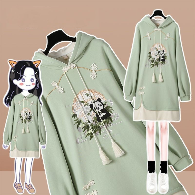 Vintage Panda Nature Embroidery Hoodie Sweatshirt Dress