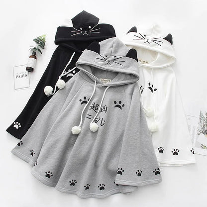 Cozy Elegance: Harajuku Cartoon Kitty Cat Paw Print Plush Hoodie - A Purr-fect Blend of Cute and Comfort! 🐾👚