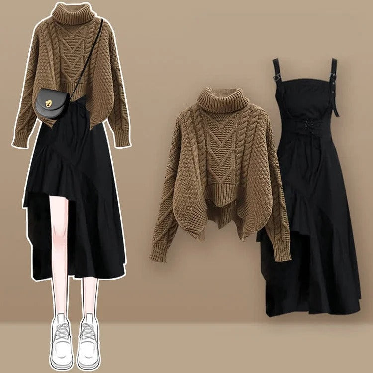 Chic Black Midi Dress Ensemble with Turtleneck Sweater