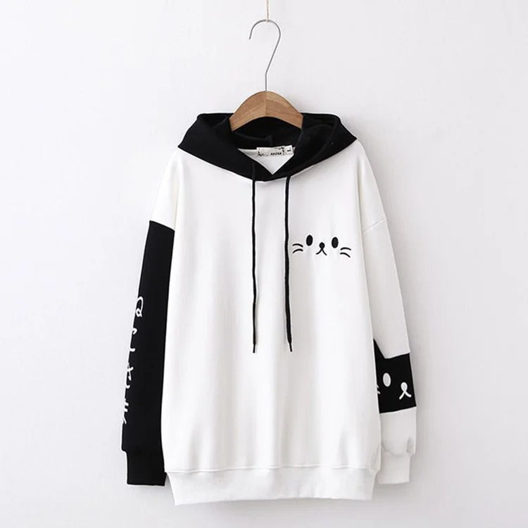 Adorable Kitty Magic: Harajuku Cartoon Face Letter Print Hoodie - Snuggle Up to Cute Comfort! 😺🌟