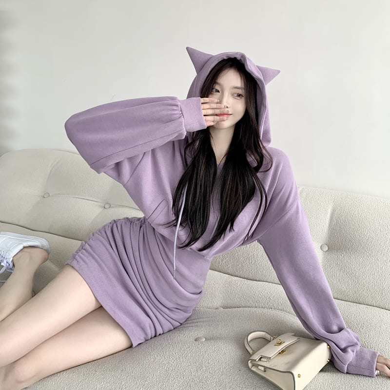 Cute Kitty Cat Ears Drawstring Sweatshirt Hooded Dress