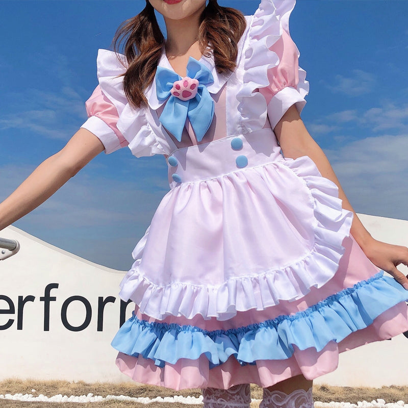 Kawaii Charm: Lolita Paw Bow Maid Dress in Pink and Blue"