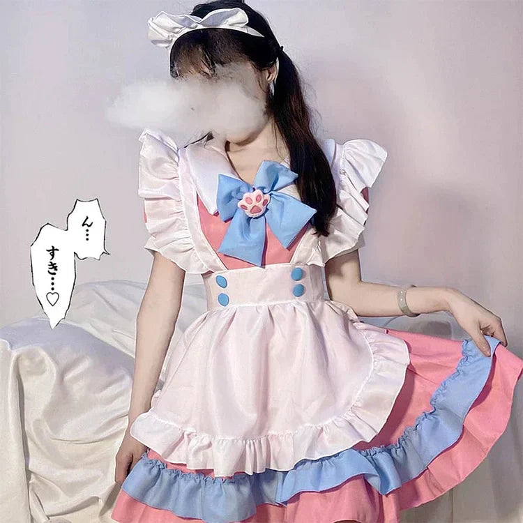 Kawaii Charm: Lolita Paw Bow Maid Dress in Pink and Blue"