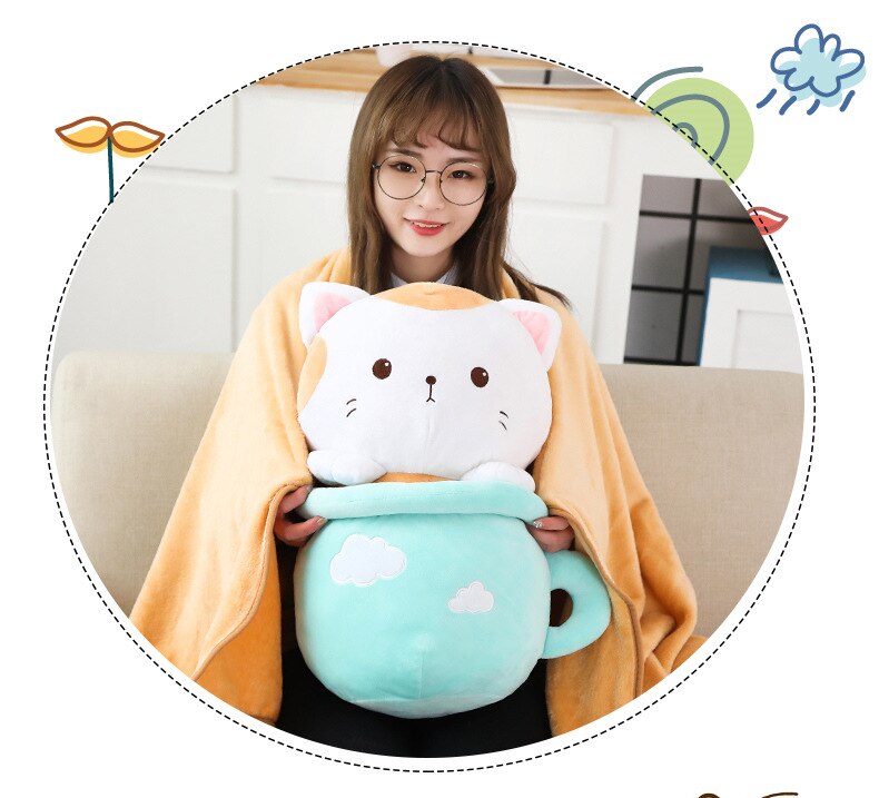 Kawaii Neko Cat Tea Cup Plush With Quilt (31cm - 50cm) – Limited Edition