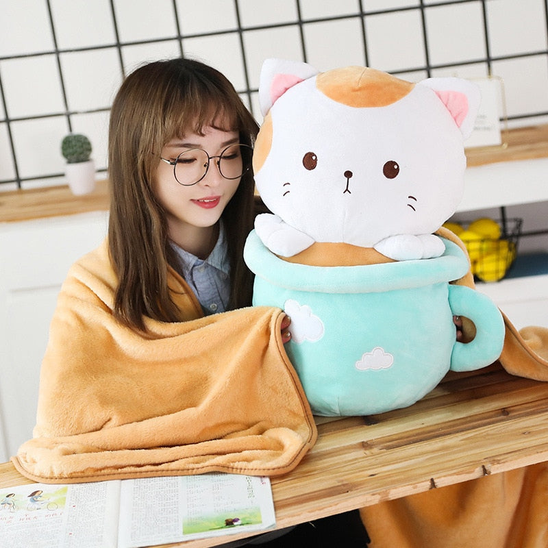 Kawaii Neko Cat Tea Cup Plush With Quilt (31cm - 50cm) – Limited Edition