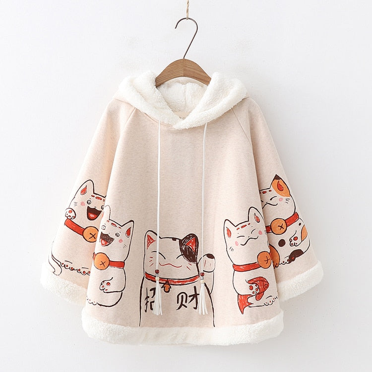 Kawaii Cloak Lucky Cat Hoodie: Embrace the Cute Harajuku Style