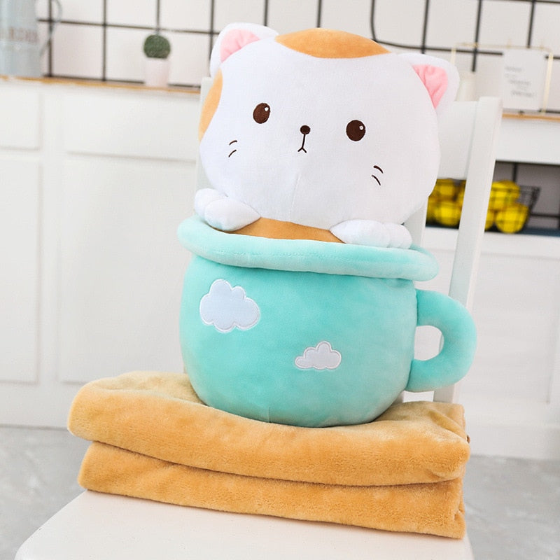 Kawaii Neko Cat Tea Cup Plush With Quilt (31cm - 50cm) – Limited Edition