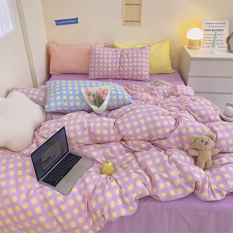 100% Cotton Block Colour Korean Bedding Set