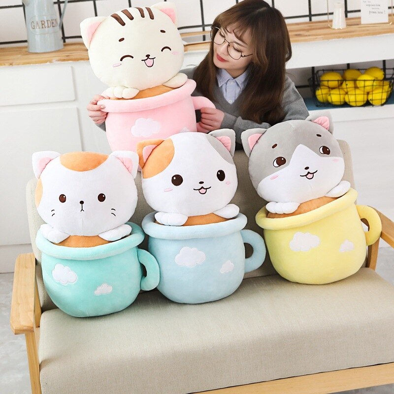 Kawaii Neko Cat Tea Cup Plush With Quilt (31cm - 50cm) – Limited Edition