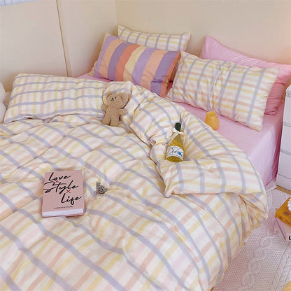 100% Cotton Block Colour Korean Bedding Set