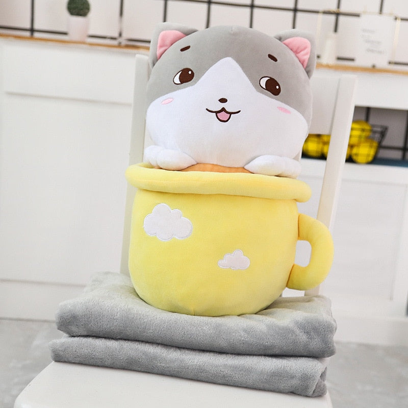 Kawaii Neko Cat Tea Cup Plush With Quilt (31cm - 50cm) – Limited Edition