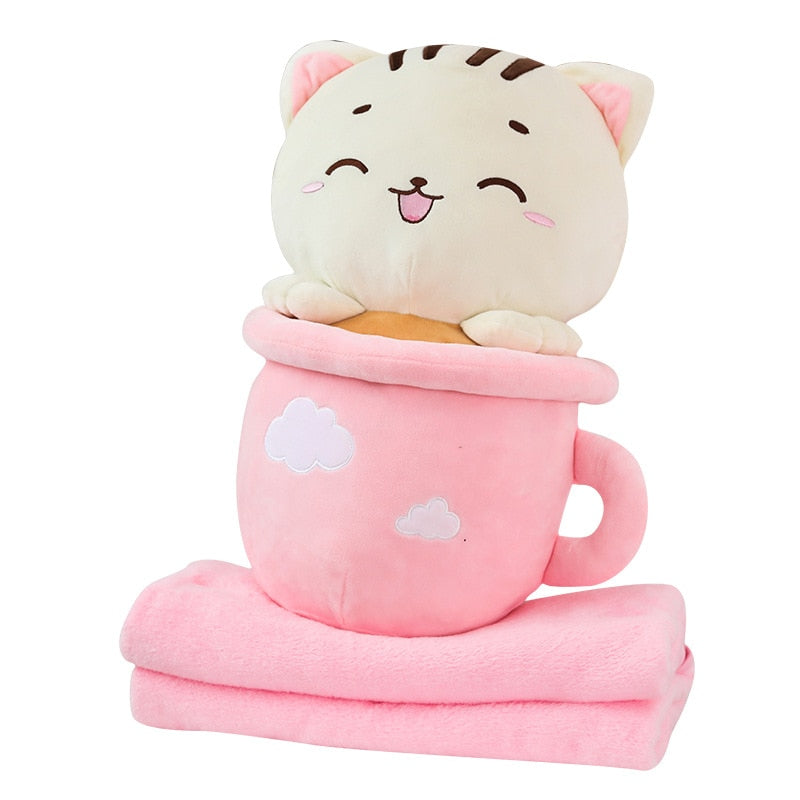 Kawaii Neko Cat Tea Cup Plush With Quilt (31cm - 50cm) – Limited Edition