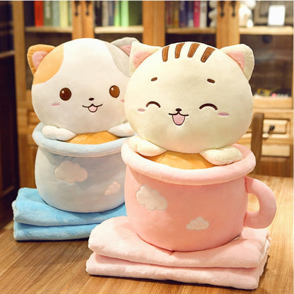 Kawaii Neko Cat Tea Cup Plush With Quilt (31cm - 50cm) – Limited Edition