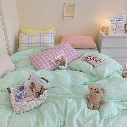 100% Cotton Block Colour Korean Bedding Set