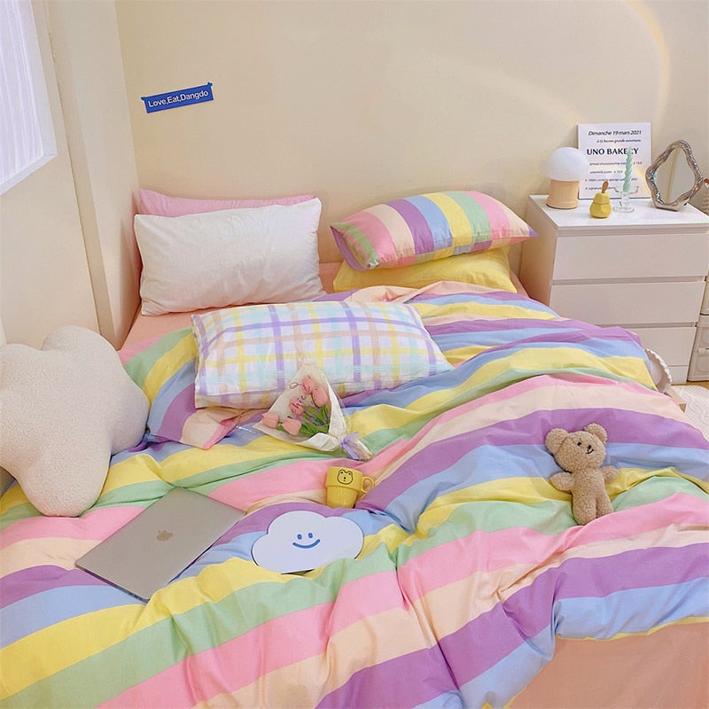 100% Cotton Block Colour Korean Bedding Set