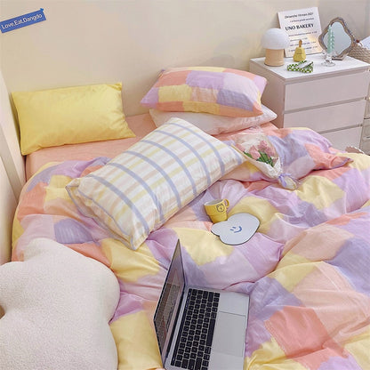 100% Cotton Block Colour Korean Bedding Set