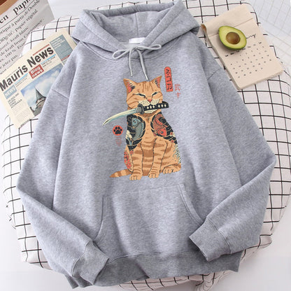 Samurai Katana Orange Cat Koi Tattoo Sweatshirt Hoodie - Casual Style