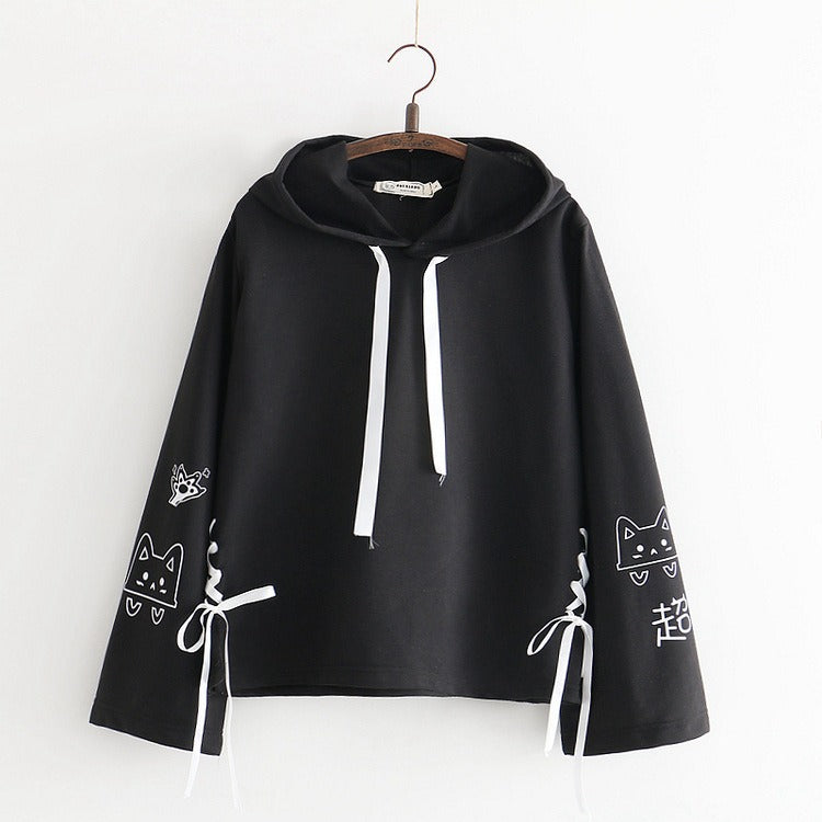 Whiskers and Wonders: Harajuku Cartoon Cat Ribbon Sweatshirt - A Symphony of Cute and Cozy! 🐱💕