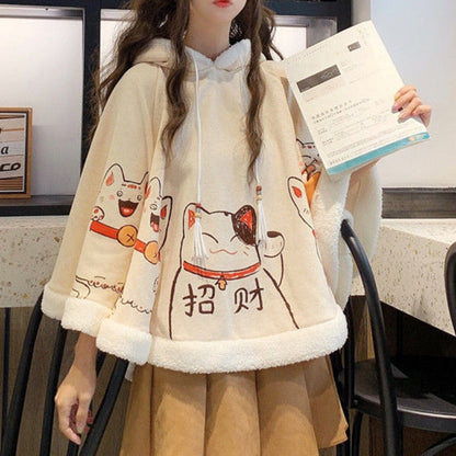 Kawaii Cloak Lucky Cat Hoodie: Embrace the Cute Harajuku Style