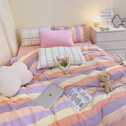 100% Cotton Block Colour Korean Bedding Set