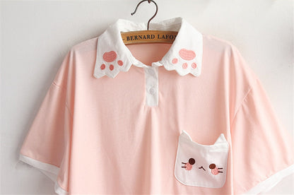 Kawaii Cat Paw Collar Pink T-Shirt