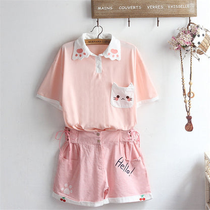 Kawaii Cat Paw Collar Pink T-Shirt