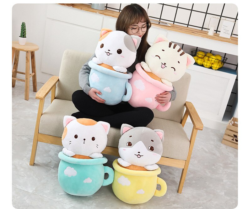 Kawaii Neko Cat Tea Cup Plush With Quilt (31cm - 50cm) – Limited Edition