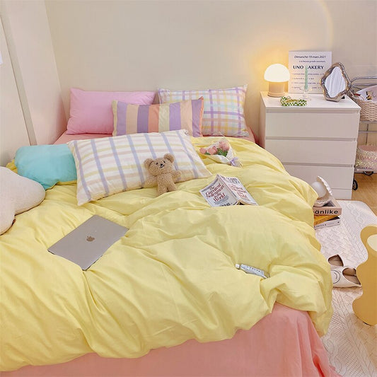 100% Cotton Block Colour Korean Bedding Set