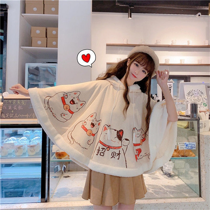 Kawaii Cloak Lucky Cat Hoodie: Embrace the Cute Harajuku Style