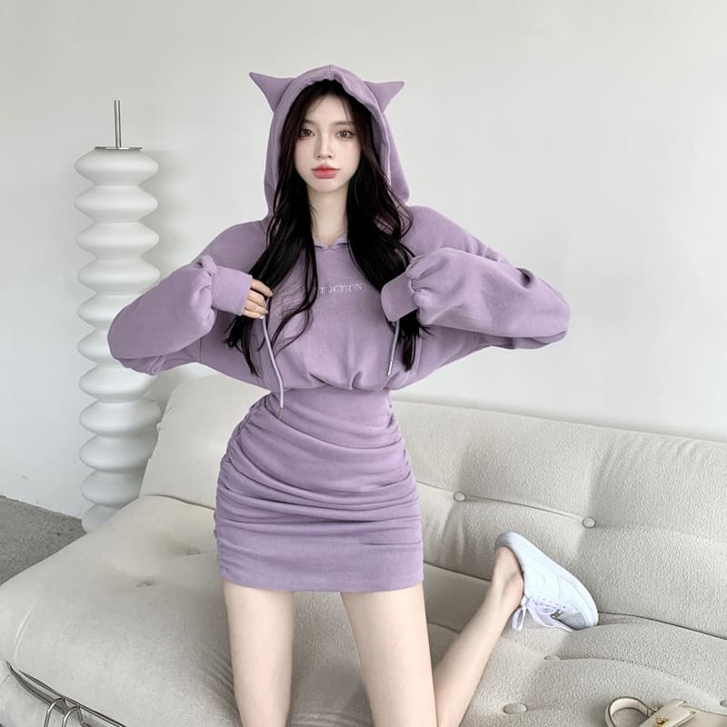 Cute Kitty Cat Ears Drawstring Sweatshirt Hooded Dress