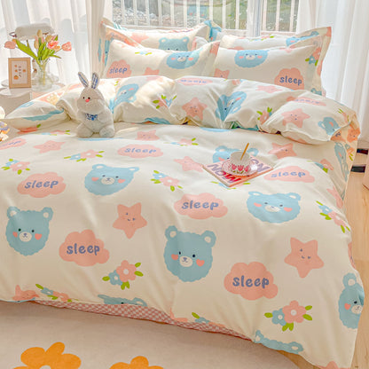 Bunny Bear Pink Yellow Blue Polyester Bedding Set | NEW