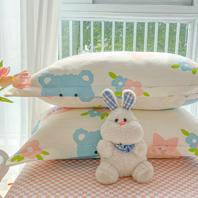 Bunny Bear Pink Yellow Blue Polyester Bedding Set | NEW