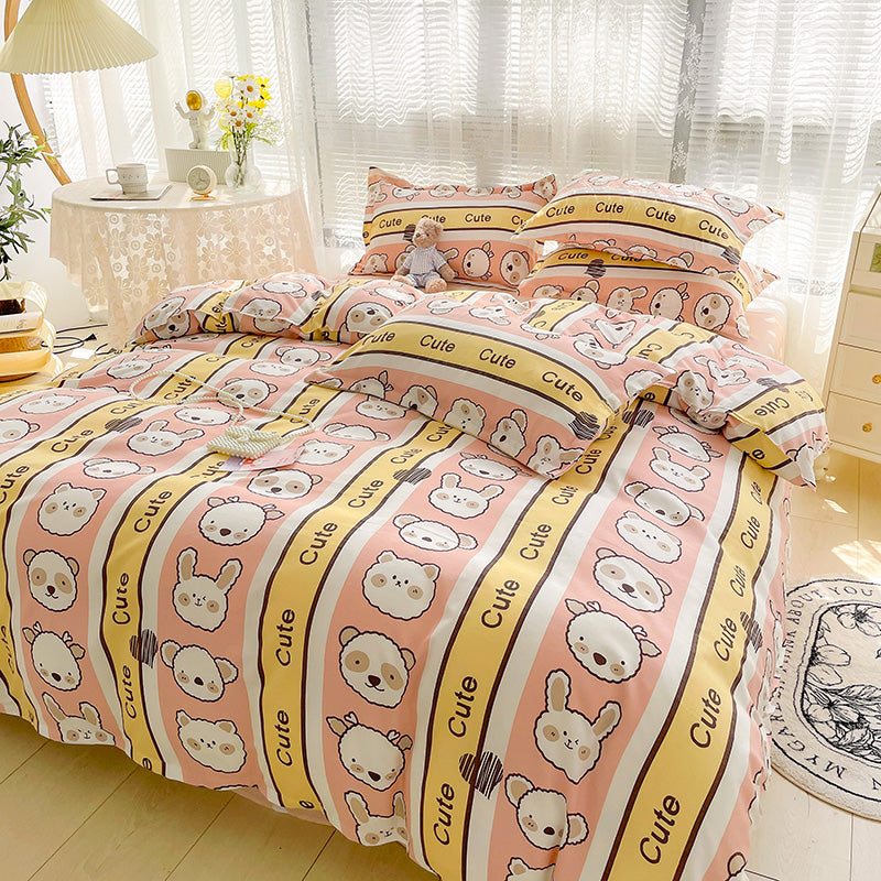 Bunny Bear Pink Yellow Blue Polyester Bedding Set | NEW