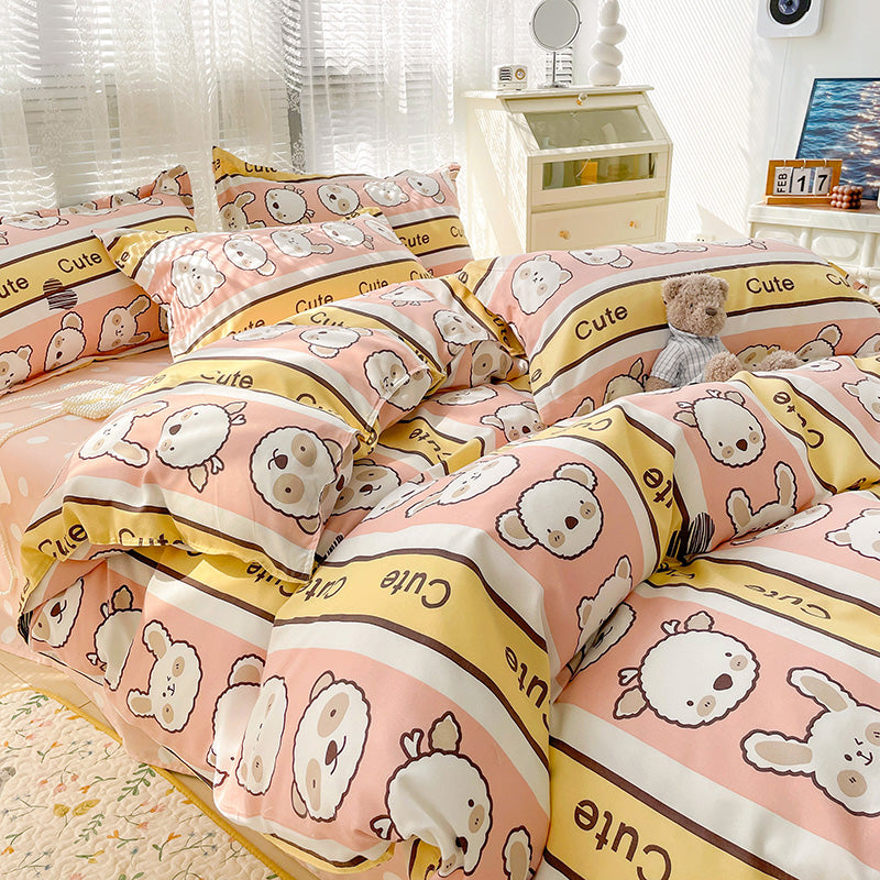 Bunny Bear Pink Yellow Blue Polyester Bedding Set | NEW