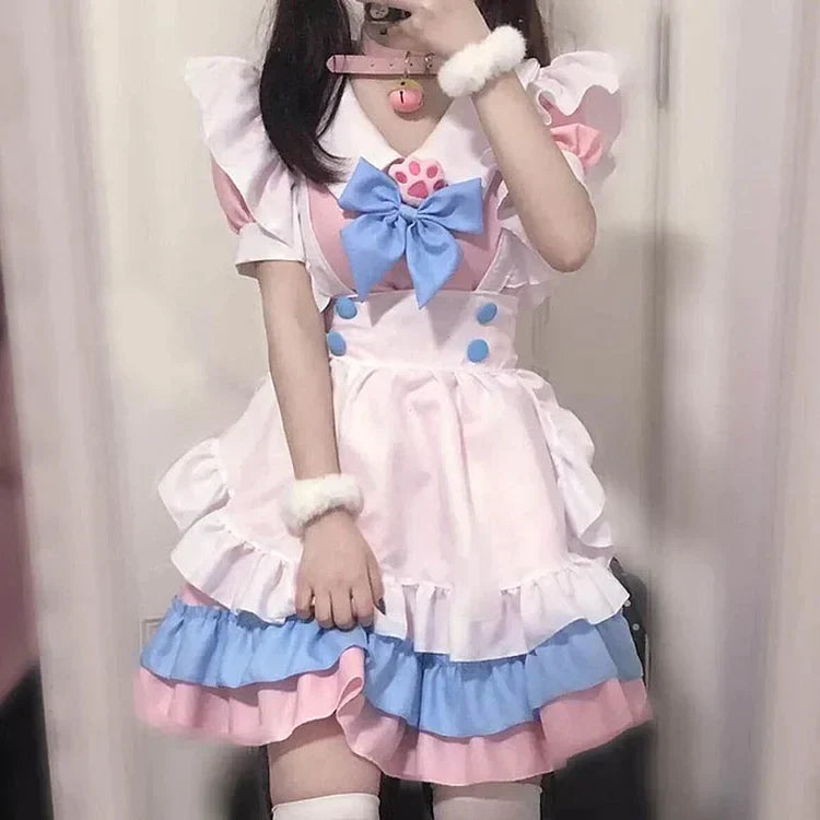 Kawaii Charm: Lolita Paw Bow Maid Dress in Pink and Blue"