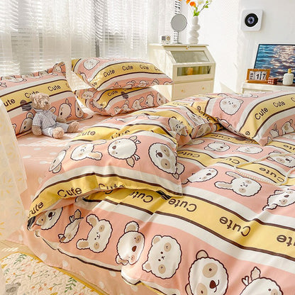 Bunny Bear Pink Yellow Blue Polyester Bedding Set | NEW