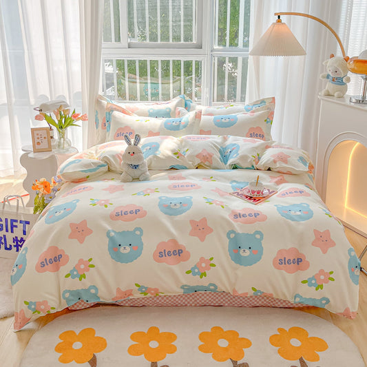 Bunny Bear Pink Yellow Blue Polyester Bedding Set | NEW